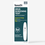 Touch brand 3-in-1 drug screening test kit packaging, featuring a white box with a dark teal panel, product text, and an illustration of the white test strip.