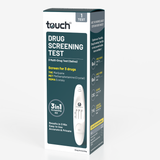 A 3-in-1 drug screening test kit by touch brand, shown in its retail packaging box. The box is dark teal and white with yellow accents, featuring an illustration of the white electronic test device.