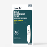 A boxed drug screening test kit on a light gray background. The package is white with a large dark teal panel and text reading 'touch DRUG SCREENING TEST,' '3 Multi-Drug Test (Saliva),' and '5 tests.