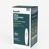 A boxed drug screening test kit labeled 'touch' and 'DRUG SCREENING TEST' on a clean white background. The retail box is dark teal, white, and black, with a small photo of a white handheld test device printed on the front.