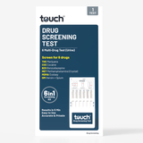 Touch brand 6 Multi-Drug Test (Urine) card package, featuring a white box with a dark blue panel and product information for THC, Cocaine, BZD, Ketamine, MDMA, Ecstasy, and Opium.