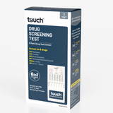 Touch brand Drug Screening Test kit retail box, shown at a three-quarter angle on a light gray background. The packaging is white and dark navy blue with yellow accents highlighting the 6 drug screenings included in the 1-test kit.