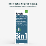 A retail box for a touch-based 6-in-1 rapid antigen combo test, shown upright on a light gray background with marketing text above. The box is primarily white with a large dark teal-blue front panel and a small green '1 TEST' badge.