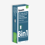 Touch brand 6-in-1 rapid antigen combo test box for respiratory health, featuring a dark teal and white design with green accents, shown on a light gray background.