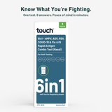 A retail box for a touch-based 6-in-1 rapid antigen combo test, shown on a light gray background with marketing text above. The box is white with a large dark teal panel and a small green badge indicating 3 tests.