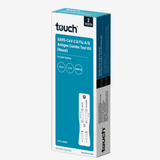 TouchBio SARS-CoV-2 & Flu A/B Antigen Combo Test Kit (Nasal) retail box, shown at a slight angle on a light gray background. The box is primarily teal blue and white with black text and a small graphic of the test strip on the front.