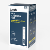 A boxed drug screening test package labeled 'touch' and 'Drug Screening Test' with 'Cannabis Marijuana (THC) Drug Test (Urine)' and '5 tests' visible on the front and side panels, photographed on a clean white background.