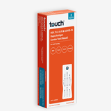 A boxed retail package for a touch rapid antigen combo test, shown upright on a light gray background. The box is predominantly orange with white panels, blue accents, and product text including 'touch', 'RSV, FLU A/B & COVID-19', 'Rapid Antigen Combo Test (Nasal)', and '2 TESTS'.