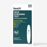 Touch brand Drug Screening Test retail box showing a 6 multi-drug test kit with a white handheld device pictured on the front, plus text indicating 5 tests and 6-in-1 screening kit.