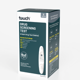 Touch brand 6 Multi-Drug Test (Saliva) kit packaging box, featuring a dark teal and white design with a graphic of the handheld test device.