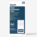 Touch brand Drug Screening Test kit packaging, featuring a 6 multi-drug urine test with a dark blue and white design, showing the included 8x10 inch test strips and results in 5 minutes.