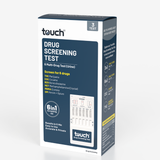 A boxed drug screening test kit by touch brand, shown at a slight angle on a light gray background. The packaging is primarily white and dark navy blue with yellow text accents and a small product diagram printed on the front.