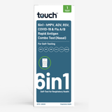 Touch brand 6-in-1 self-test kit packaging box for respiratory health, featuring a white and dark blue design with text listing tested pathogens including hMPV, ADV, RSV, COVID-19, and Flu A/B.