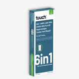 A boxed retail package for a touch 6in1 rapid antigen combo test for respiratory health, shown upright on a light gray background.