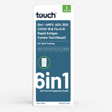 A vertical white and dark teal box for a touch brand 6-in-1 self-test respiratory health combo test, with text listing hMPV, ADV, RSV, COVID-19, and Flu A/B, plus a small green badge indicating 3 tests.