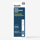 Touch brand Drug Screening Test box for Cocaine (COC) and Drug Test (Urine), featuring a dark blue and white design with yellow text on a light gray background.