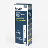 A boxed drug screening test package labeled 'touch' and 'Drug Screening Test' with text for cocaine (COC) and urine. The box is predominantly dark navy blue and white with yellow accents, shown on a light gray background.