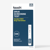 A package of touch brand Drug Screening Test for Cocaine (COC) drug test (urine), containing 5 tests, shown on a clean light gray background.