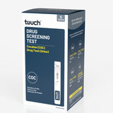 Touch brand Drug Screening Test box for cocaine (COC) and drug test (urine), showing 5 tests, with a dark blue and white package design on a light gray background.