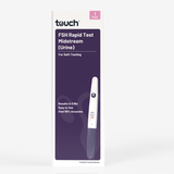 Touch FSH Rapid Test Midstream (Urine) packaging box, featuring a white and dark purple design with an illustration of the test device.