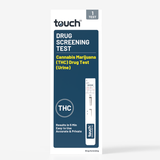 A vertical box for a touch brand drug screening test, labeled for cannabis marijuana (THC) drug test (Urine). The packaging is white and dark navy blue with yellow and white text, and a small graphic of the test strip on the right side.