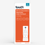 TouchBio brand rapid antigen combo test box for RSV, Flu A/B, and COVID-19, showing the retail packaging with an orange panel and a printed test kit illustration on a light gray background.