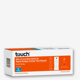 A box of touch brand Rapid Antigen Combo Test (Nasal) for RSV, Flu A/B, and COVID-19, containing 5 tests, shown on a light gray background.
