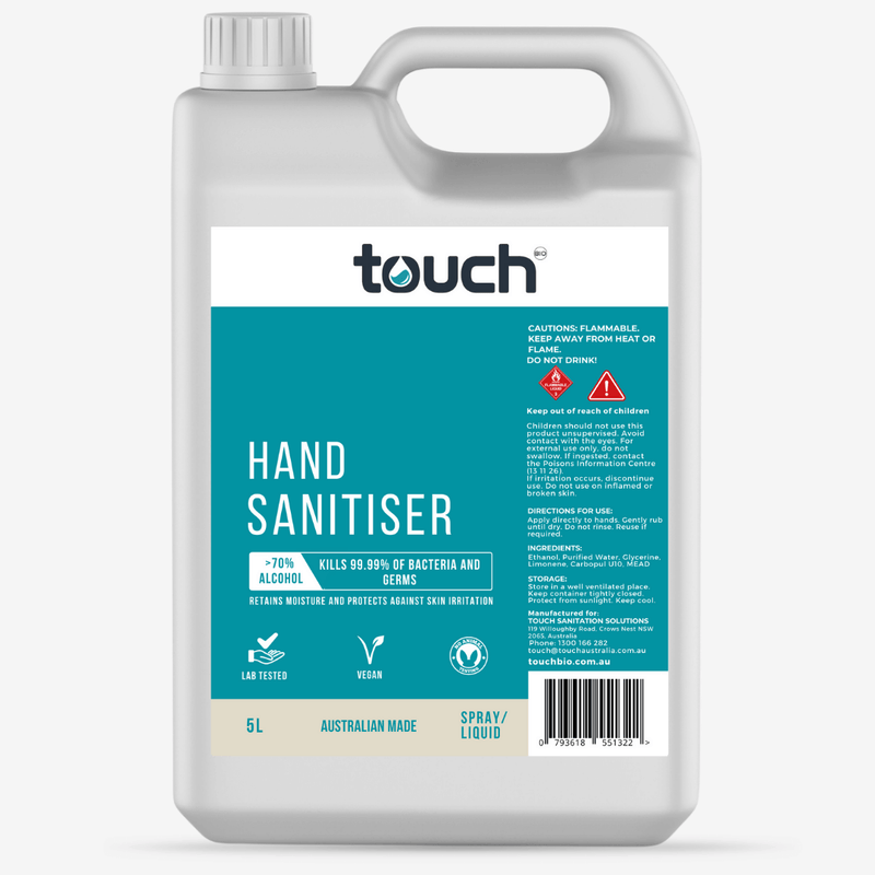 Alcohol Based Hand Sanitiser Bulk Liquid Spray 5 L x 4 TouchBio